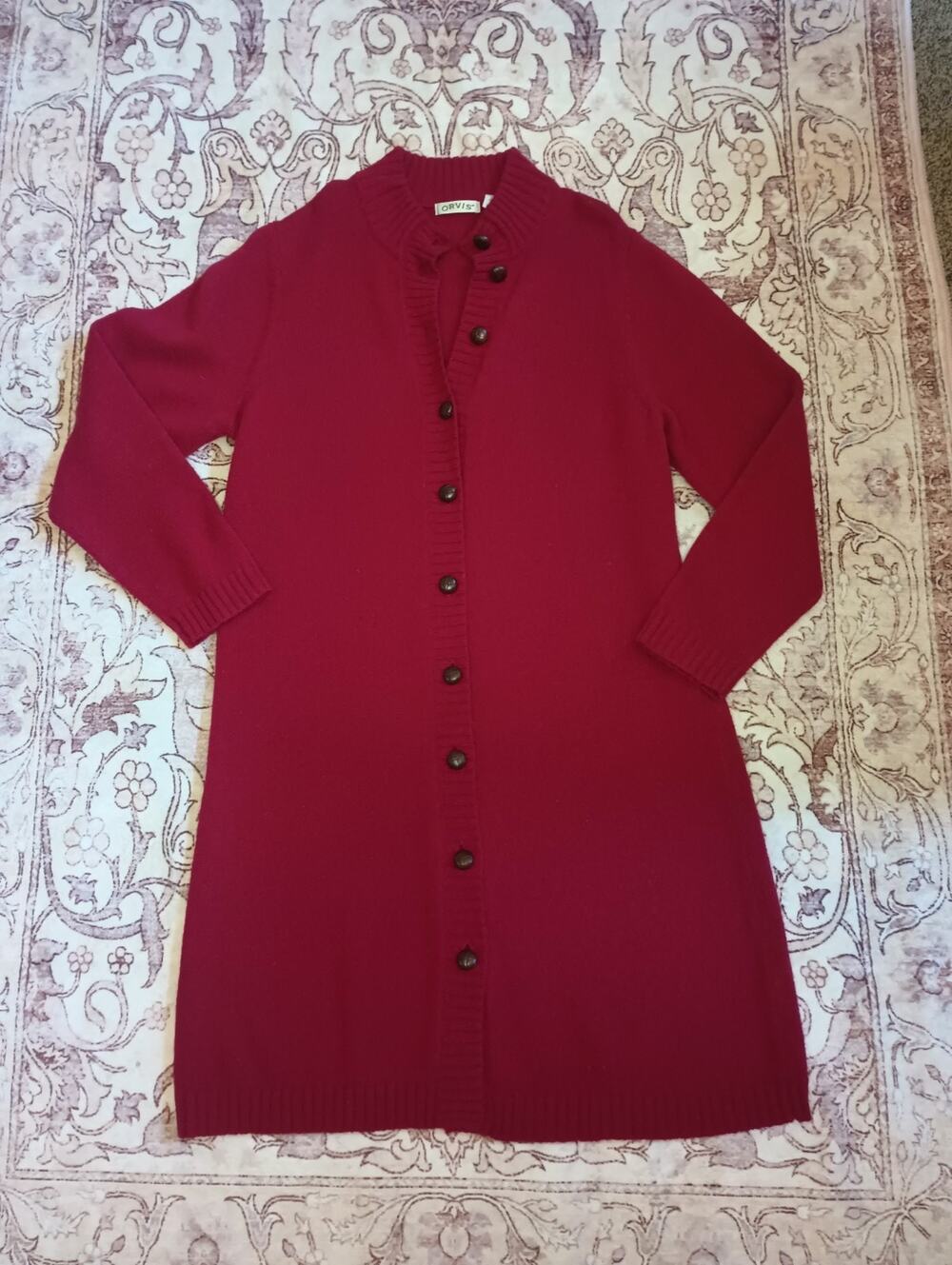 Orvis Womens Shetland Wool Duster Cardigan L Red Wood Button Cabin Cozy Heritage